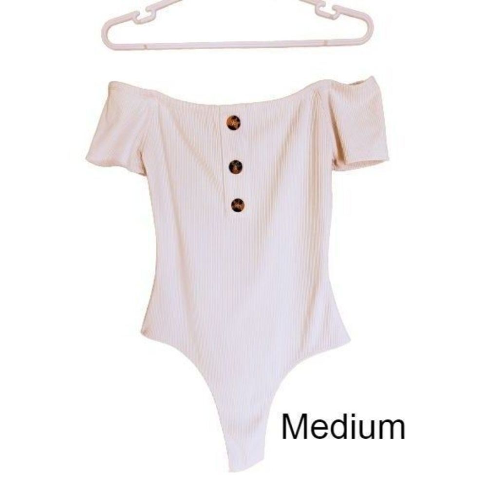 Women's Bodysuit Off the Shoulder White Rib-Knit Top Medium by Orange Kiss NWOT